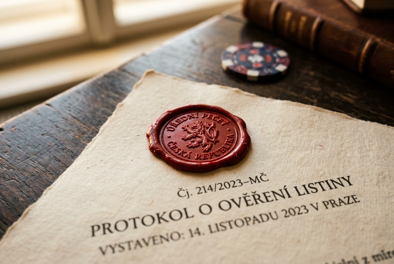 Detailní pohled na pečeť a dokumenty o licenci